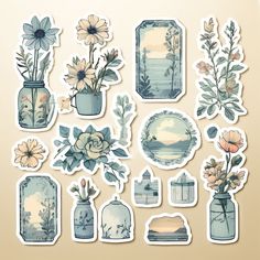 a bunch of stickers that have flowers in vases and pictures on them,