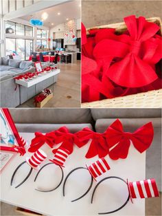 red bows and ribbons are on display in the living room, along with other decorations