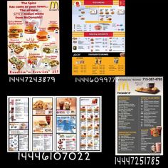 the menus for mcdonald's are shown in three different colors and sizes, including one