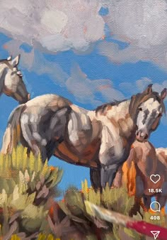 an oil painting of two horses standing on top of a hill