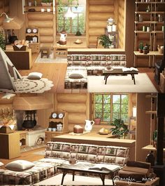 the interior of a log cabin with furniture and decor