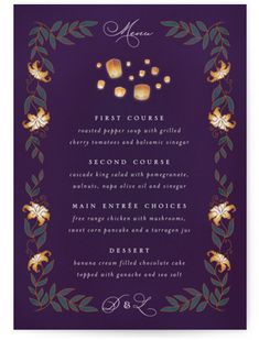 Give guests a sneak peek of the meal to come with these unique menus. All menus can be customized to match a Minted invitation design and printed in the color of your choice. Disney Tangled Wedding, Tangled Invitations, Rapunzel Invitations, Tangled Lanterns, Tangled Wedding, Party Deco, Free Range Chickens, Stuffed Pepper Soup, Mushroom Chicken