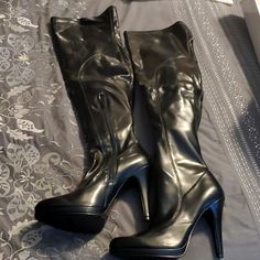 Stylish Over The Knee Black Leather Nine West Boots, Never Worn. Wide Calf Closed Toe Faux Leather Heels, Formal High Heel Polyurethane Boots, Formal Polyurethane High Heel Boots, Faux Leather Boots With 4-inch Heel And Round Toe, Faux Leather Boots With 4-inch Heel, Nine West Boots, Blue Suede Boots, White Strappy Sandals, Leather Over The Knee Boots