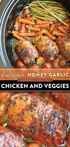 SLOW COOKER HONEY GARLIC CHICKEN AND VEGGIES Honey Garlic Chicken And Veggies, Slow Cooker Honey Garlic Chicken, Resep Vegan, Veggies Recipes, Chicken And Veggies, Salad Pasta, No Cooking, Honey Garlic Chicken