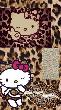 an animal print with a hello kitty on it's side and a leopard skin background