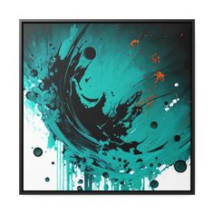 an abstract painting with blue and green paint splattered on the bottom half of it