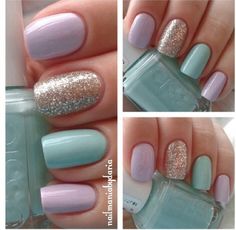 Light Pink, Mint & Sparkle Accent Nail Spring Nail Art, Easter Nails, Pastel Nails, Nail Designs Spring, Accent Nails, Nail Polishes