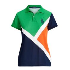 a women's polo shirt with an orange, white and blue design on the front