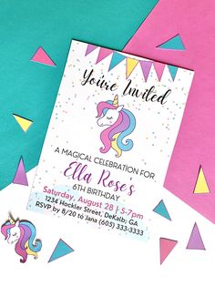 a unicorn birthday party card with confetti and streamers on the bottom,