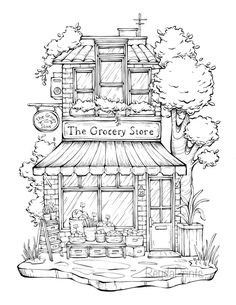 the grocery store with trees and flowers on it is outlined in black and white ink