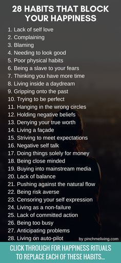 28 Habits that block your happiness & how to let them go. Get the happiness rituals to replace these soul sucking habits. Plus a free pdf guide to download. https://www.pinchmeliving.com/28-habits-that-block-your-happiness/ Quotes Happy, New Energy, Good Advice, Happy Quotes, Positive Thinking, Happy Life, Mantra, Self Improvement