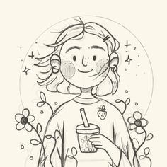 a drawing of a girl holding a drink in her hand and smiling at the camera