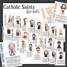 the catholic saints for kids poster is shown on top of each other, with pictures of them