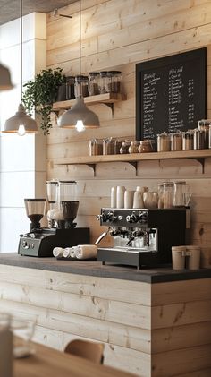 a coffee shop with wooden walls and shelves