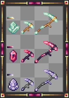 the pixel art work is done in different colors and shapes, including an arrow, hammer,