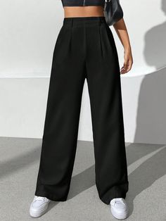 Preto Casual Collar  Tecido Simples Perna Larga Embellished Não elástico Office Pants, Black Office, Traje Casual, Pantalon Large, Wide Leg Trousers, Short Pants, Large Black, Fashion Pants, Wide Leg