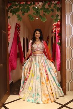 Tie & dye lehenga. The trend of 2022 bridal ethnic wear. Multicolored Lehenga For Haldi, Tie Dye Lehenga, Mehendi Lehenga, Ceremony Outfit, Latest Bridal Lehenga Designs, Floral Ball Gown