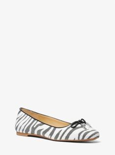 Meet Nori: an undeniably chic, timeless ballet flat. Featuring a bow at the toe accented with minimal hardware, this pair is crafted from bold zebra jacquard in a classic silhouette that gently molds to your foot. Make them your wear-with-everything shoe, from dresses to denim. Cheetah Print Ballet Flats, Zebra Print Boots, Everyday Zebra Print Shoulder Bag, Zebra Print Heels, Chic Zebra Print Rectangular Shoulder Bag, Black Ballet Flats, Womens Flats, Ballet Flats, Shoes Flats