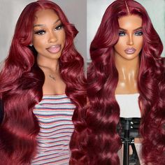 two wigs with long wavy hair on top and bottom, one is dark red