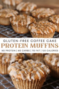 gluten - free coffee cake protein muffins on a cooling rack with text overlay