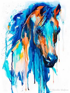 a painting of a horse's head with paint splatters all over it