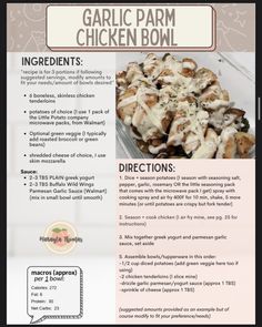 an advertisement for garlic parm chicken bowl with instructions to make it in the microwave