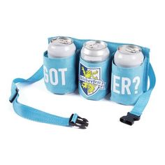 three blue can coolers with the words got r? on them and one has a strap around it