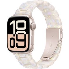 an apple watch with the numbers on it's face and white bracelet around its wrist