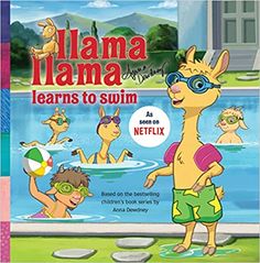 llama llama learns to swim book with an image of people in the pool