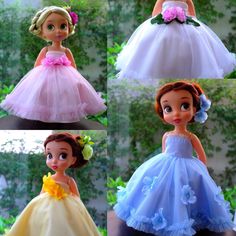 four different pictures of princesses in their dresses