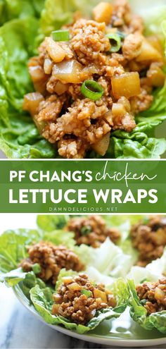 lettuce wraps with meat and vegetables in them on a white plate, next to the