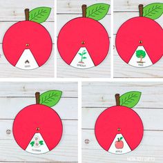 four pictures of an apple cut out to look like it is made with paper and scissors