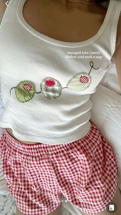 pjs, pajamas, spring pjs, spring outfit, summer outfit, summer pjs, crop top, tank top, olives, white tank top, red shorts, white shorts, plaid shorts, cute pjs, spring vision board, summer vision board, aesthetic, outfit inspo, ootd, it girl, sleep, clothes for sleep, bed Gingham Shorts Outfit Summer, Embroidered Tank Top Diy, Patchwork Clothes Aesthetic, Red Gingham Shorts Outfit, Patchwork Tshirt Diy, Diy Patchwork Shirt, Spring Pjs, Spring Vision Board, Patchwork Shirt Diy