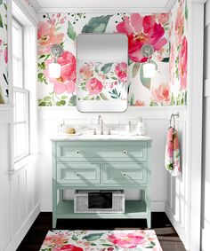 a bathroom with floral wallpaper and pink vanity