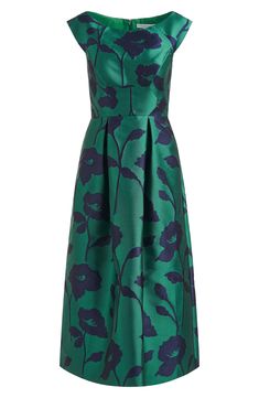 An elegant, modern floral design stands out on a sleeveless A-line dress finished with a perfectly pleated skirt. 47" length (size 8) Hidden back-zip closure Bateau neck Sleeveless Lined 87% polyester, 13% nylon Dry clean Imported Tea Length Dress, Modern Floral Design, Kay Unger, Bateau Neck, Skirt With Pockets, Tea Length Dresses, Floral Jacquard, Modern Floral, Tea Length