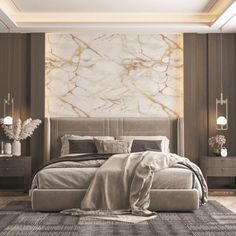 a bedroom with marble walls and flooring in grey tones, including a large bed