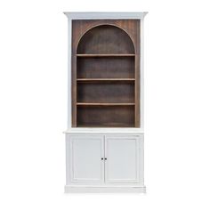 a white bookcase with an arched door and two shelves on each side, against a white background