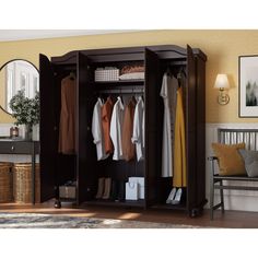 an open wardrobe with clothes hanging on it