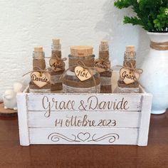 Rustic shabby chic style sand ceremony jars and engraved crate. Engraved and decorated by hand. For a couple or large families. Glass jars are decorated with burlap, lace and wooden heart. Hearts are engraved with His, Hers, Ours or initials. High quality photo frames available to complete the set. Look Photo Frame section. COLOR: white (walnut crate in other listing). PERSONALIZED: hand engraved with 'Together we make a family' or other words (Example names) in any language (The engraving can b Family Unity Sand Ceremony, Sand Ceremony Set, Family Unity, Unity Sand Ceremony, Unity Sand, Candle Wedding Decor, Large Families, Wedding Unity, Candle Holders Wedding