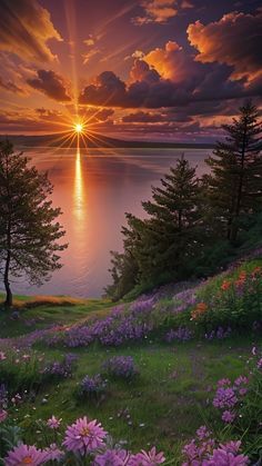 the sun is setting over water with purple flowers on the ground and trees in the foreground