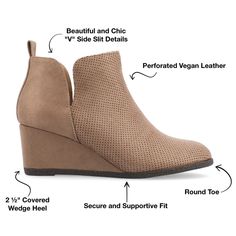 Introducing the Mylee wide-width bootie by Journee Collection. These comfy pull-on boots are perfect for the fall. Made of vegan leather with perforated details and side cutouts, they feature a padded insole and round-toe, and sit atop a stylish wedge heel. These basic and versatile boots are a must-have for any wardrobe. Fall Wedge Heel Boots In Medium Width, Fall Wedge Boots With Medium Width, Fall Boots With Perforations And Round Toe, Ankle-high Boots With Perforated Toe Box, Pull On Boots, Journee Collection, Wedge Heels, The Fall, Bootie