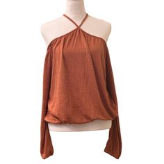 American Rag Cie Orange Blouse Top Cold Shoulder Keyhole Neck Strap Size Large Y Neck Strap With Button Closure In Back. Comes With An Extra Button. Long Sleeve. Stretchy Bottom Hem And Sleeve. Burnt Orange Sunburn Color. Brand New With Tags! 64% Polyester 34% Rayon 2% Spandex Machine Washable Approximate Measurements Chest: 48" Waist: 44" Hips: 32" Length: 23" Sleeve Length: 20" All Orders Are Shipped Same Or Next Business Day Depending On When The Order Was Placed. Versatile Blouse For Brunch, Chic Brown Tops For Brunch, Versatile Tops For Fall Brunch, Solid Top For Fall Vacation, Solid Tops For Fall Vacation, Brown Long Sleeve Top For Vacation, Brown Spring Tops For Brunch, Brown Long Sleeve Tops For Brunch, Brown Off-shoulder Top For Spring