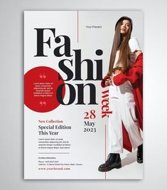 a flyer for a fashion show with a woman dressed in white and red, on a gray background