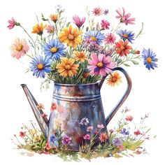 a watering can filled with lots of colorful flowers