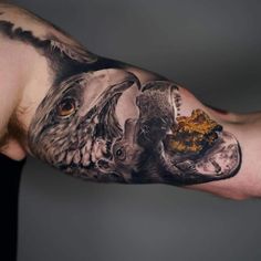 a man's arm with an owl and bird tattoo on the left side of his arm