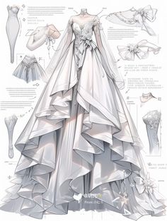 an illustrated drawing of a wedding dress with its layers cut out to show the details