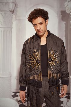 Elevate your outerwear collection with this baroque embroidered bomber jacket. Featuring intricate baroque embroidery, this jacket blends timeless elegance with contemporary style for a standout look that's perfect for any occasion. Baroque Embroidery, Styling Clothes, Celebrity Closet, Jacket Fabric, Saree Gown, Lehenga Skirt, Dj Party, Fashion Male, Blouse Pants