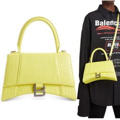 Balenciaga Small Hourglass Croc Embossed Leather Top Handle Bagauthentic, Brand New, Never Used, Flawless, Color Light Yellow With Silver Tone Hardware, Size 9”W X 6”H X 4”D, Comes With Dust Bag, Authenticity Card And Tag. Price Firm! The Silhouette Of This Compact, Croc-Embossed Satchel Recalls The Exaggerated Shapes And Proportions Often Used By Master Couturier Cristbal Balenciaga. Absolutely Stunning! Magnetic-Snap Flap Closure Top Carry Handle; Removable, Adjustable Crossbody Strap Exterior Designer Yellow Top Handle Shoulder Bag, Designer Yellow Shoulder Bag With Detachable Handle, Yellow Top Handle Evening Shoulder Bag, Yellow Top Handle Shoulder Bag For Evening, Trendy Yellow Bag For Formal Occasions, Trendy Yellow Formal Bag, Trendy Yellow Formal Bags, Balenciaga Classic City, White Balenciaga