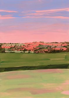 an abstract painting of green and pink fields