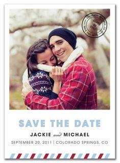 save the date card with an image of two people hugging each other